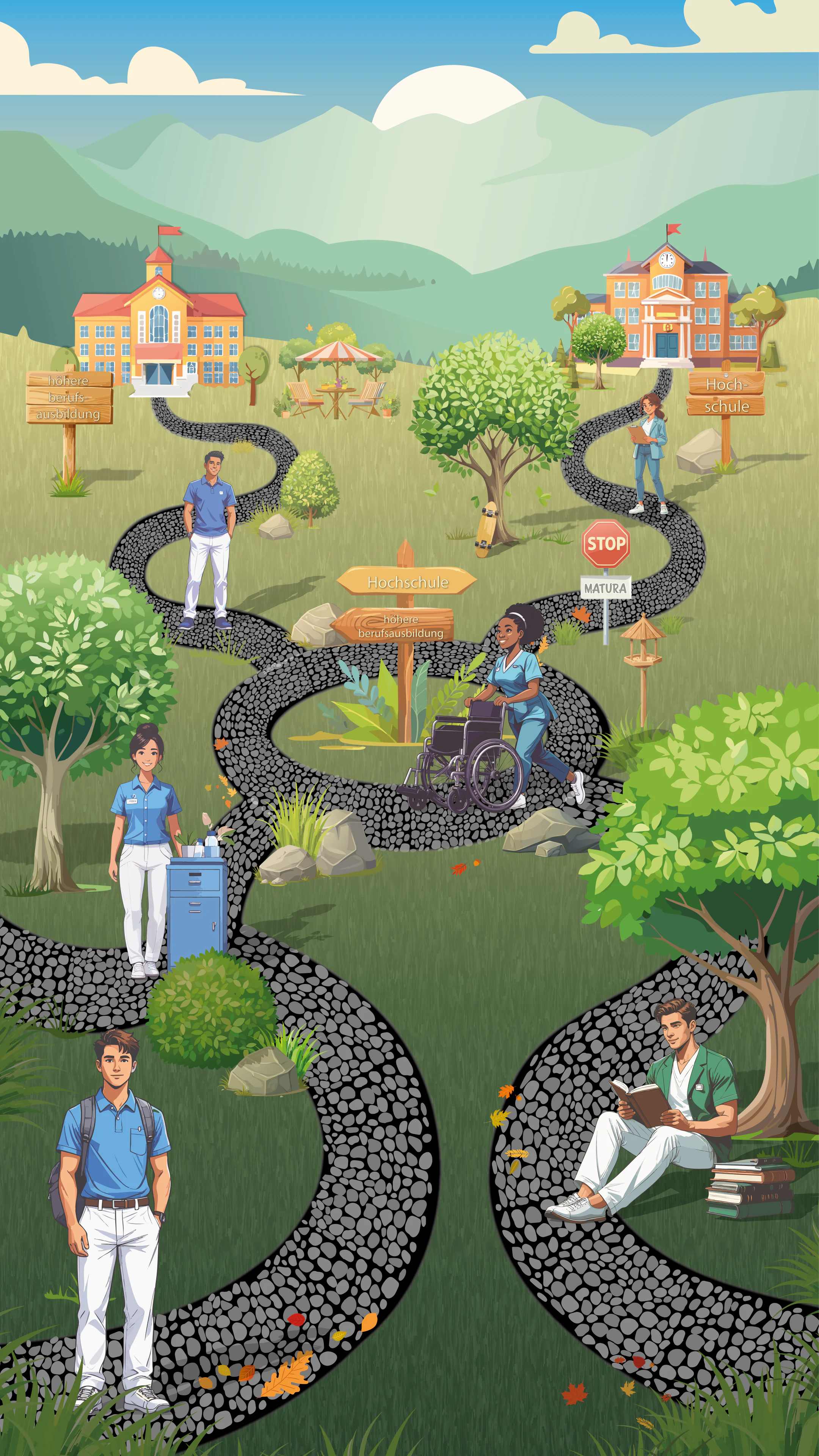 Illustrierte Schweizer Bildungslandschaft mit Schulen, Wegen und Pflegefachpersonen